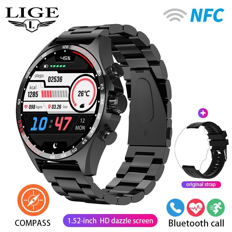 Sophie Store LIGE 2023 Smartwatch for Porsche Smart Watch Men Digital Watches Outdoor Sports Compass and NFC Bluetooth Call Wristwatch Golden