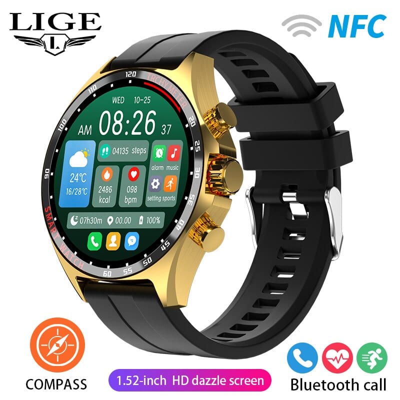 Sophie Store LIGE 2023 Smartwatch for Porsche Smart Watch Men Digital Watches Outdoor Sports Compass and NFC Bluetooth Call Wristwatch Golden