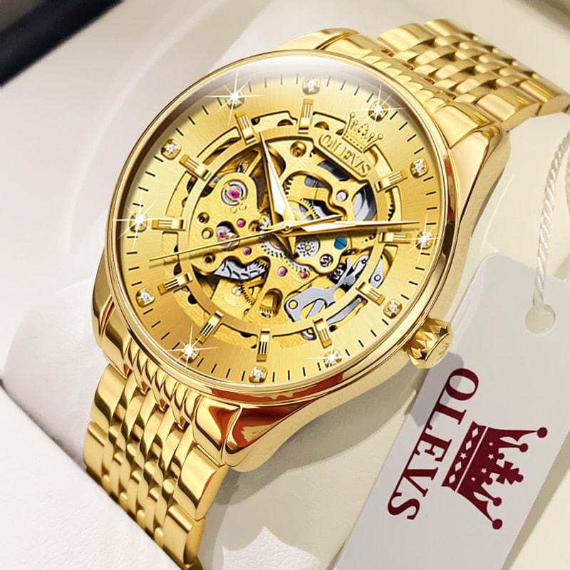 Sophie Store OLEVS Men's Watches Luxury Gold Skeleton Automatic Mechanical Wrist Watch for Man Waterproof Stainless Steel Luminous Business