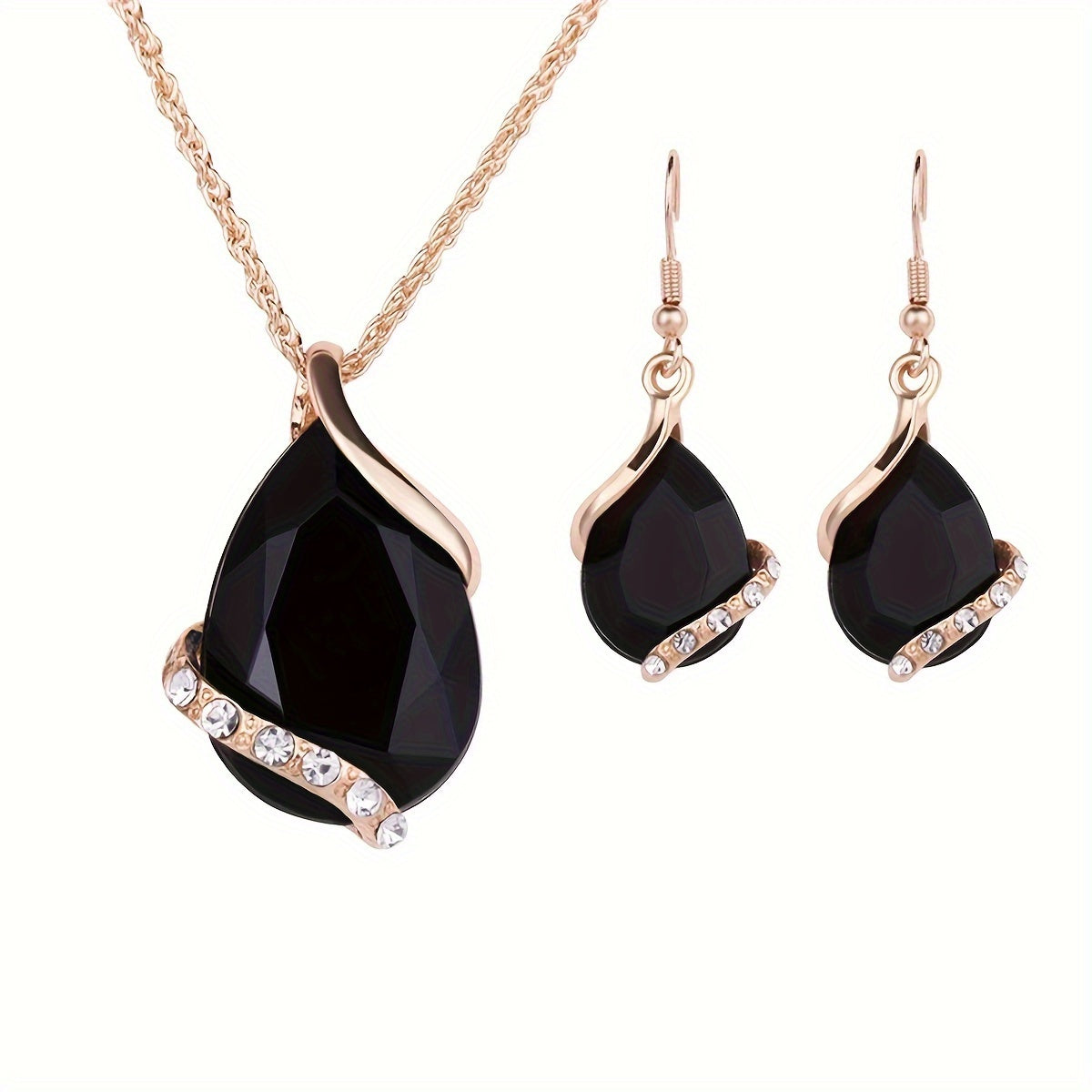 3pcs Earrings Plus Necklace Dainty Jewelry Set 14k Gold Plated Inlaid Teardrop Shape Rhinestone Multi Colors To Choose Match Daily Outfits