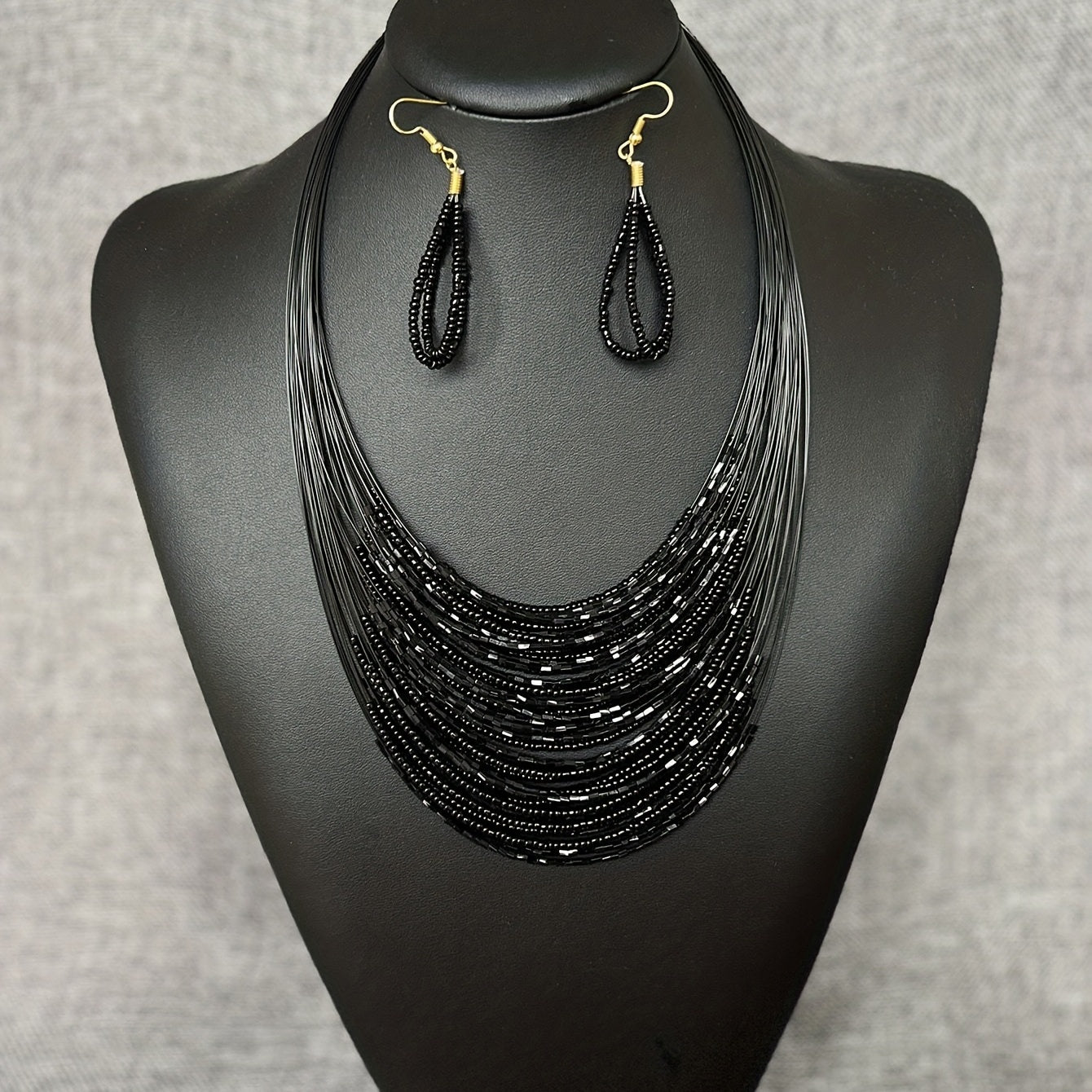 3pcs Handmade Earrings Plus Necklace Made Of Black Beads Multi Layer Design Symbol Of Evil And Mystery Match Daily Outfits Party Accessories
