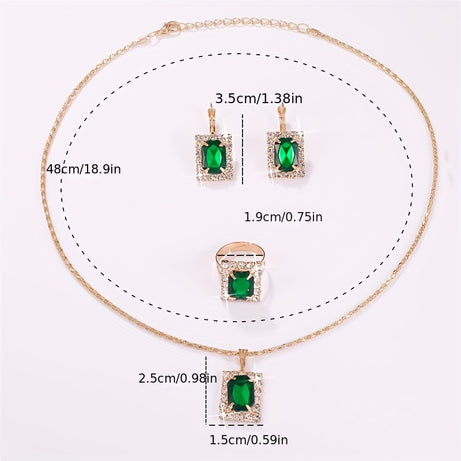 1 Necklace + 1 Pair Of Earrings + 1 Ring Elegant Jewelry Set Classy Rectangular Design Paved Emerald Zirconia Match Daily Outfits Party Accessories