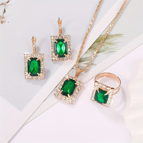1 Necklace + 1 Pair Of Earrings + 1 Ring Elegant Jewelry Set Classy Rectangular Design Paved Emerald Zirconia Match Daily Outfits Party Accessories