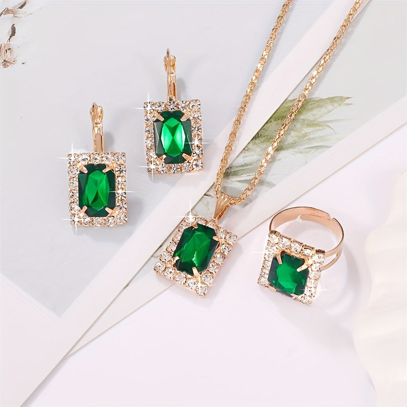 1 Necklace + 1 Pair Of Earrings + 1 Ring Elegant Jewelry Set Classy Rectangular Design Paved Emerald Zirconia Match Daily Outfits Party Accessories