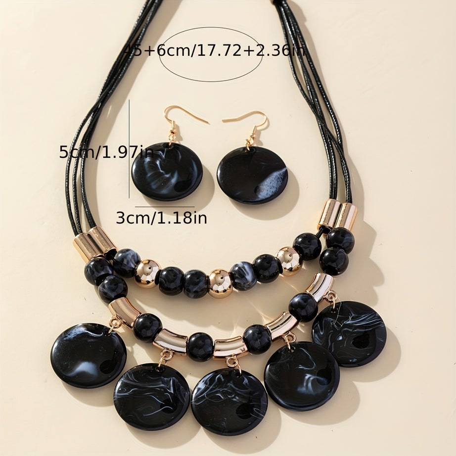1 Pair Of Earrings + 1 Necklace Voguish Jewelry Set Black And Golden Design Symbol Of Elegance And Power Match Daily Outfits