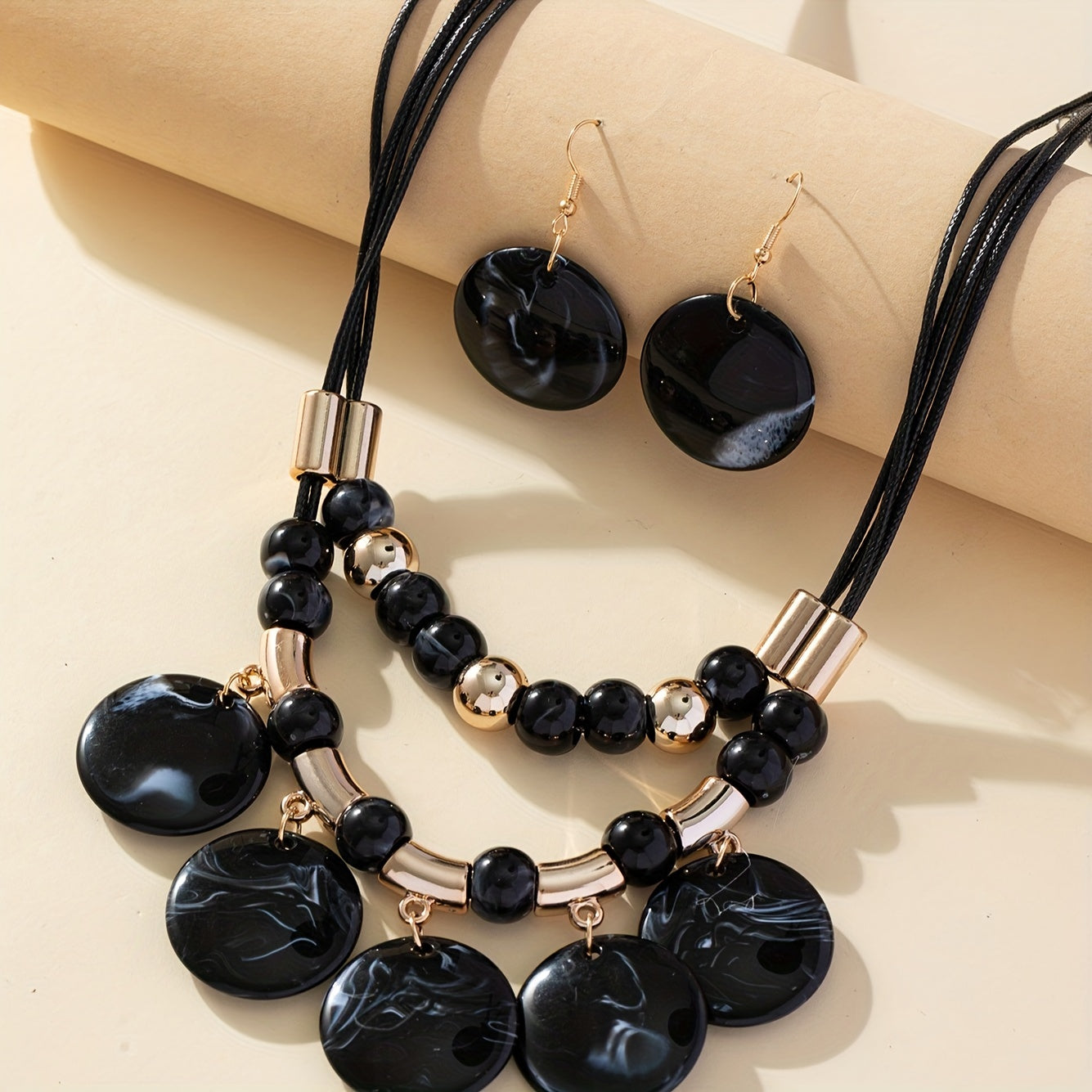 1 Pair Of Earrings + 1 Necklace Voguish Jewelry Set Black And Golden Design Symbol Of Elegance And Power Match Daily Outfits