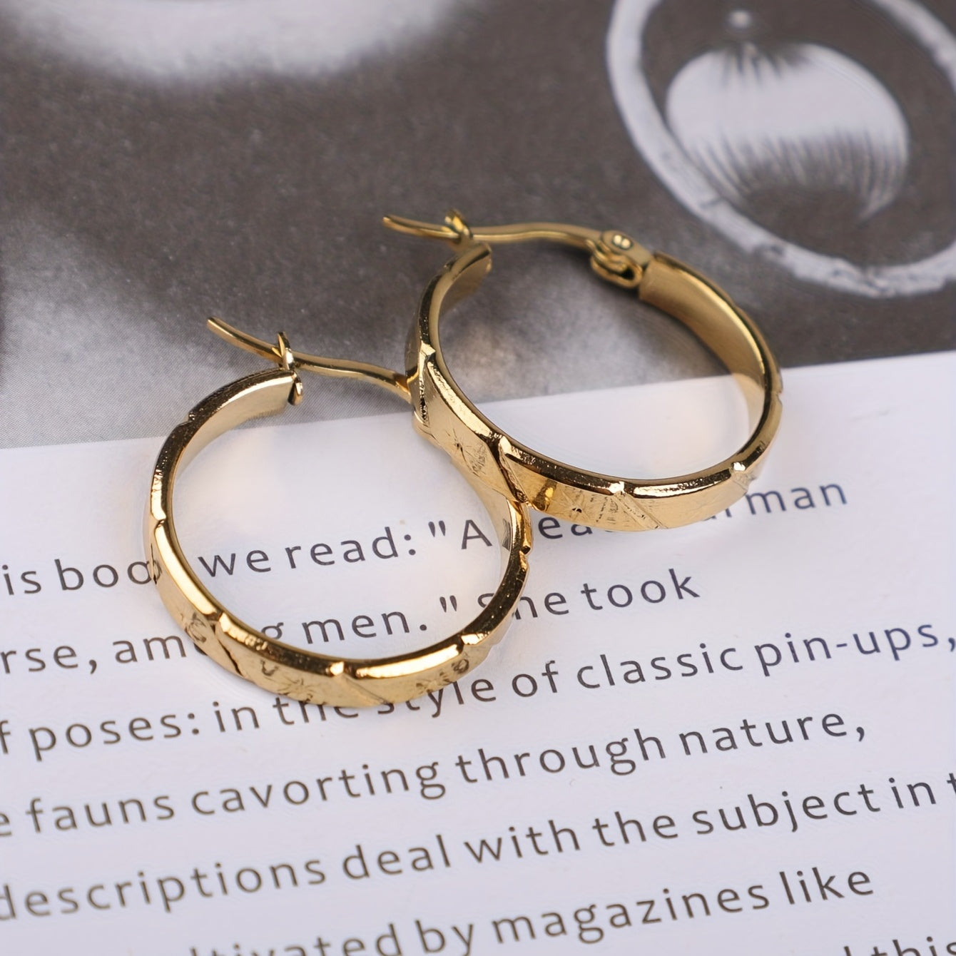 1 Pair Of Golden Stainless Steel Rice Pattern Circle Earrings For Women Girls Hypoallergenic Ear Jewelry