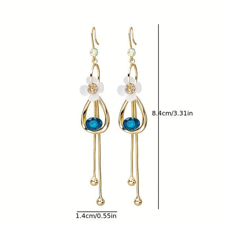 White Flower Hollow Teardrop Chain Design Dangle Earrings With Shiny Zircon Decor Elegant Style Copper Jewelry Female Gift