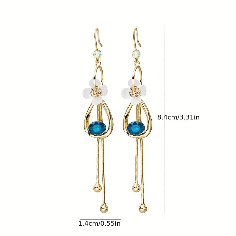 White Flower Hollow Teardrop Chain Design Dangle Earrings With Shiny Zircon Decor Elegant Style Copper Jewelry Female Gift