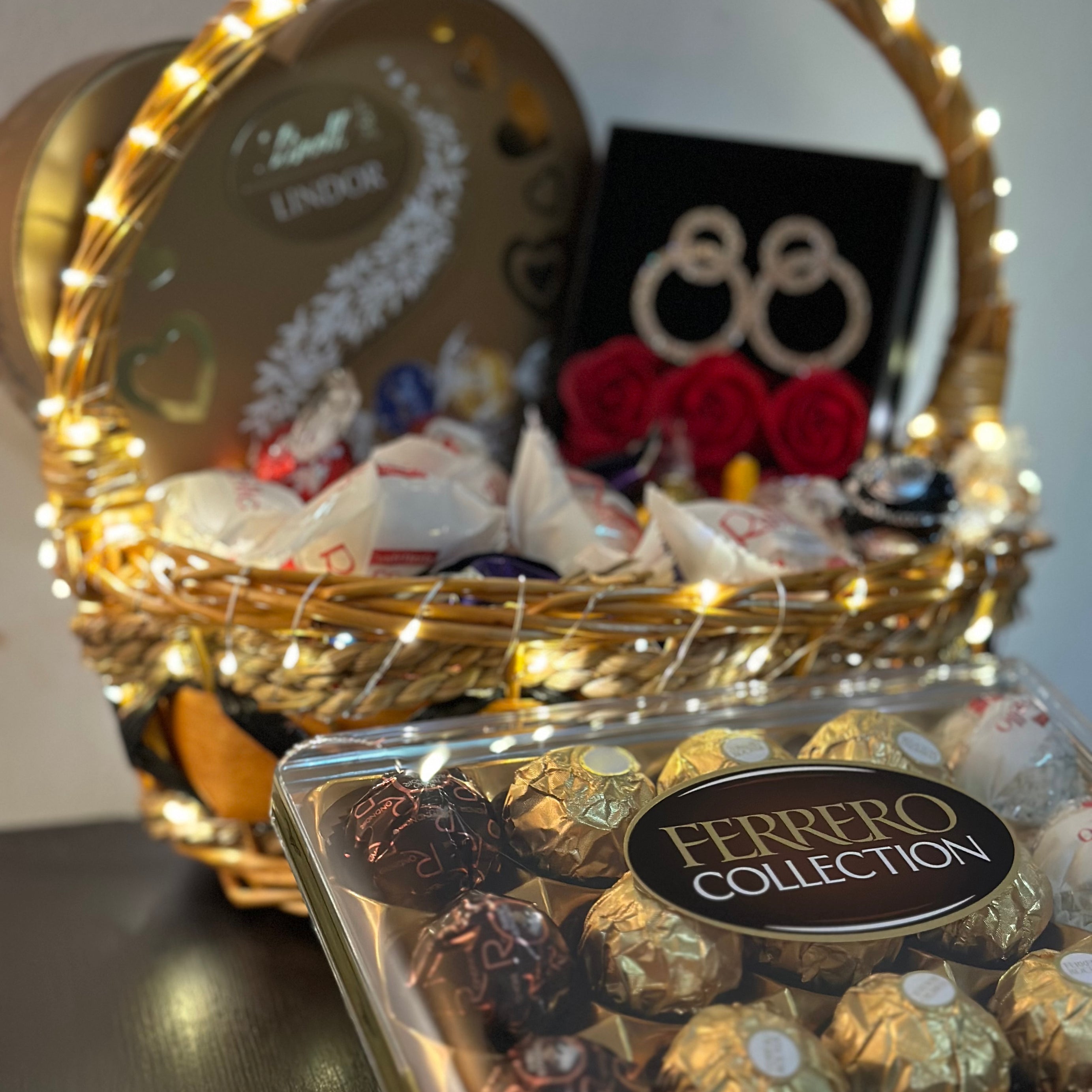 Valentine's Bliss Bucket: A Symphony of Sweets, Chocolates, Dazzling Earrings, and LED Elegance - A Perfect Gift of Love