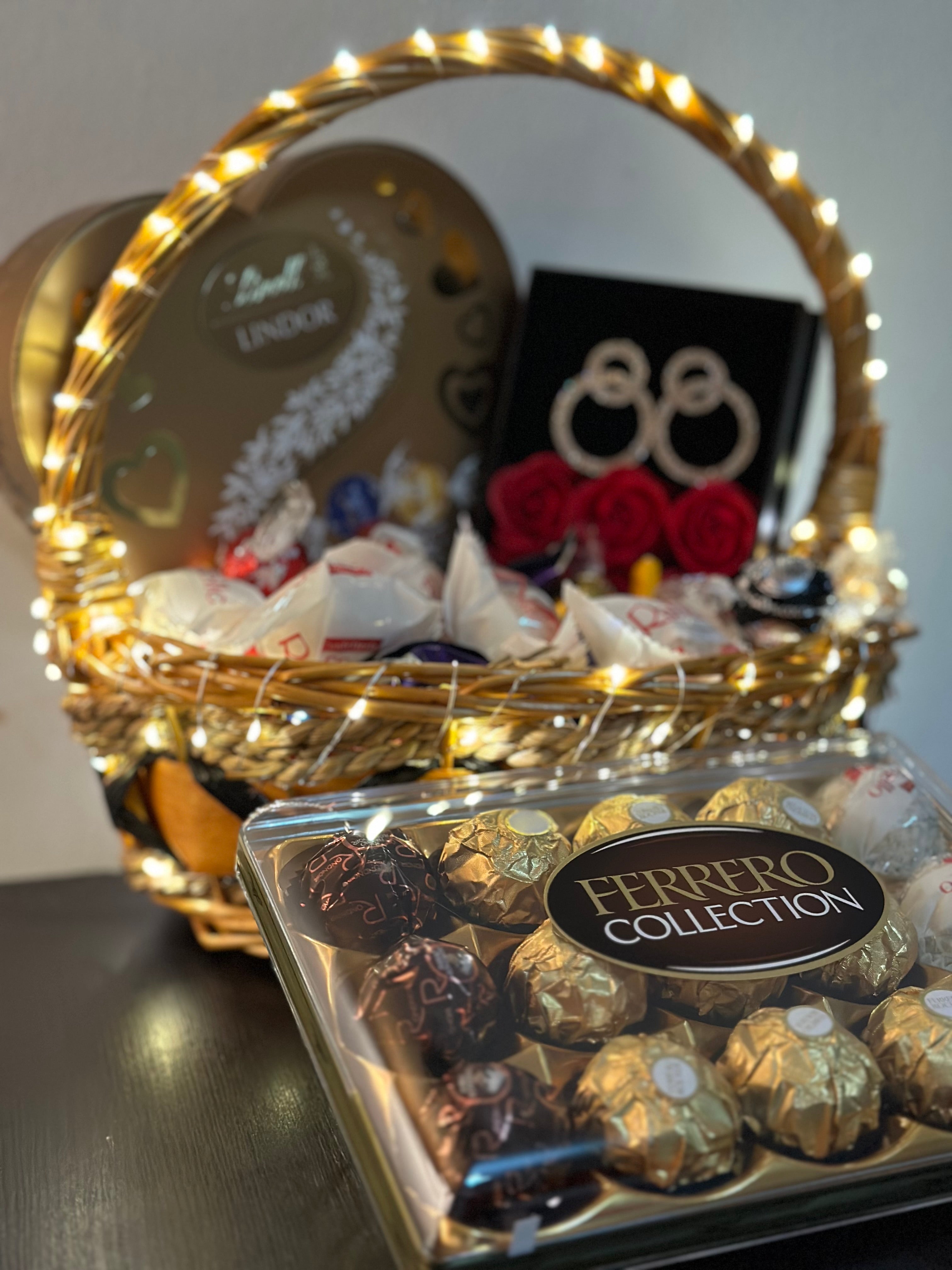 Valentine's Bliss Bucket: A Symphony of Sweets, Chocolates, Dazzling Earrings, and LED Elegance - A Perfect Gift of Love