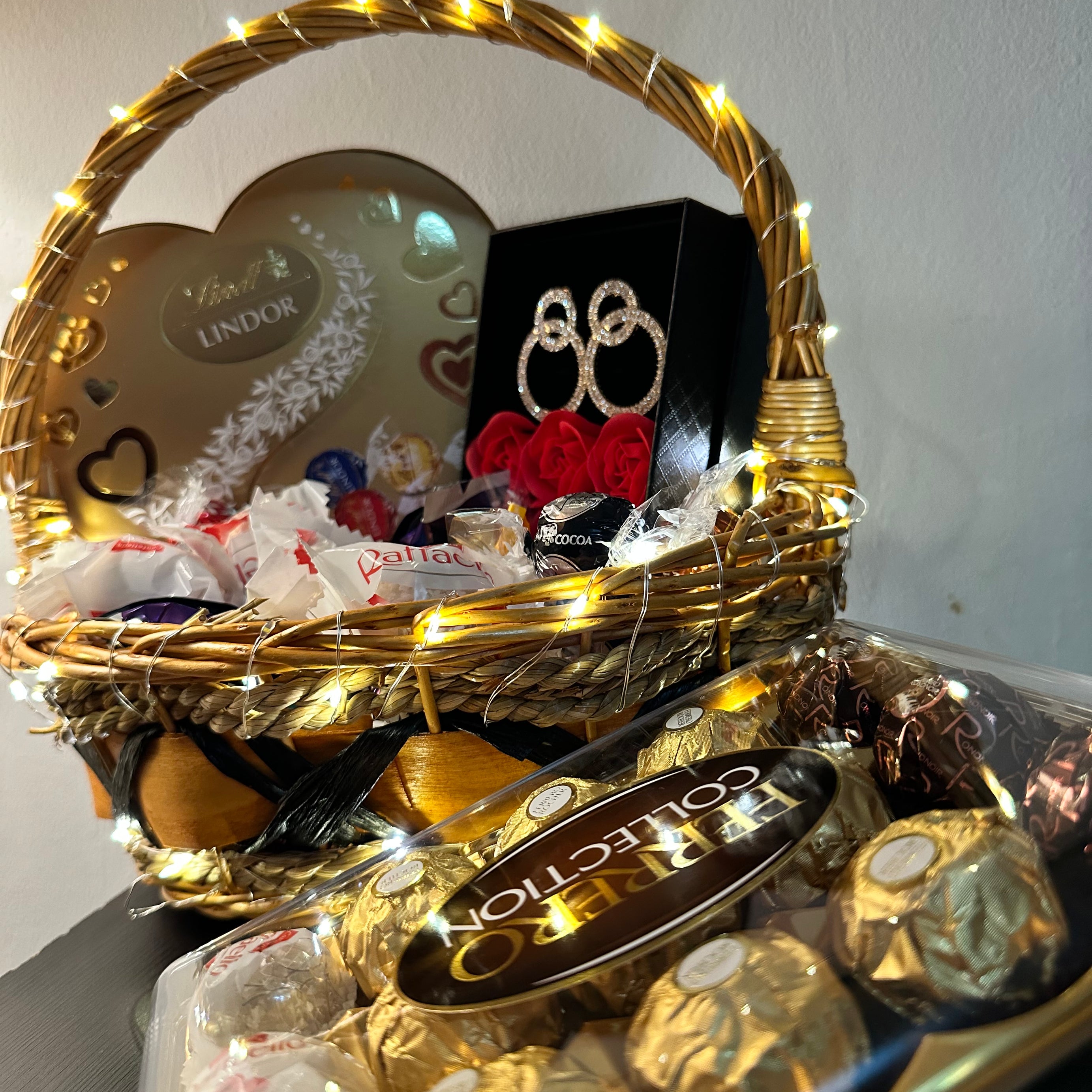 Valentine's Bliss Bucket: A Symphony of Sweets, Chocolates, Dazzling Earrings, and LED Elegance - A Perfect Gift of Love