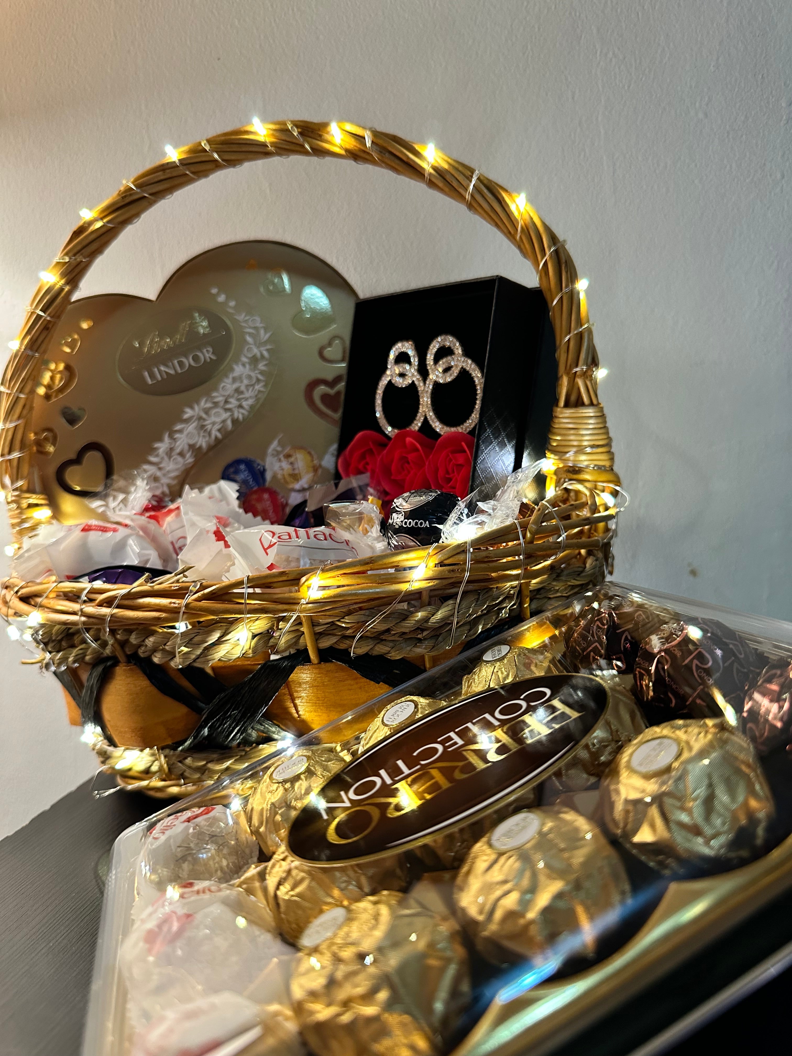 Valentine's Bliss Bucket: A Symphony of Sweets, Chocolates, Dazzling Earrings, and LED Elegance - A Perfect Gift of Love