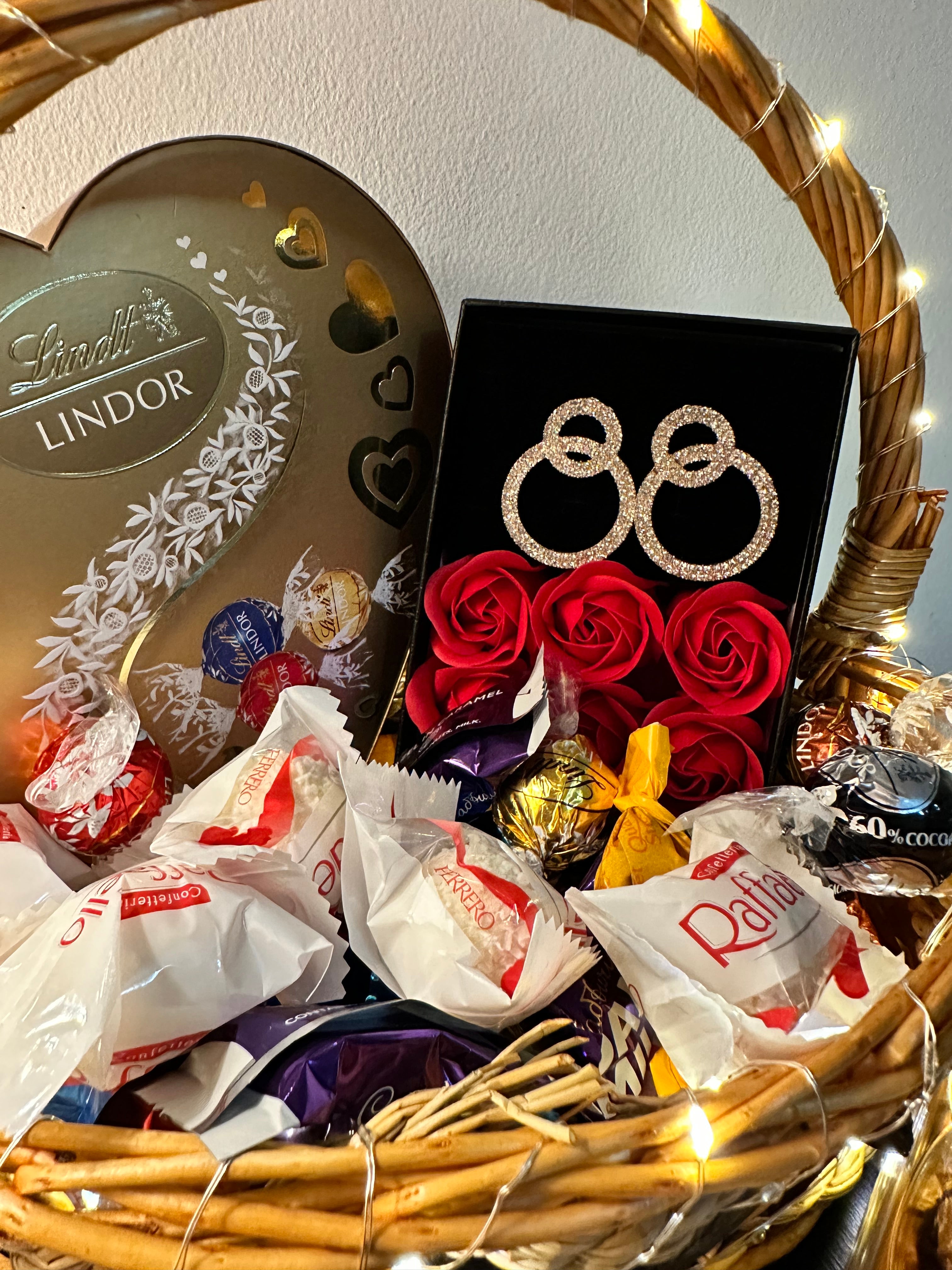 Valentine's Bliss Bucket: A Symphony of Sweets, Chocolates, Dazzling Earrings, and LED Elegance - A Perfect Gift of Love