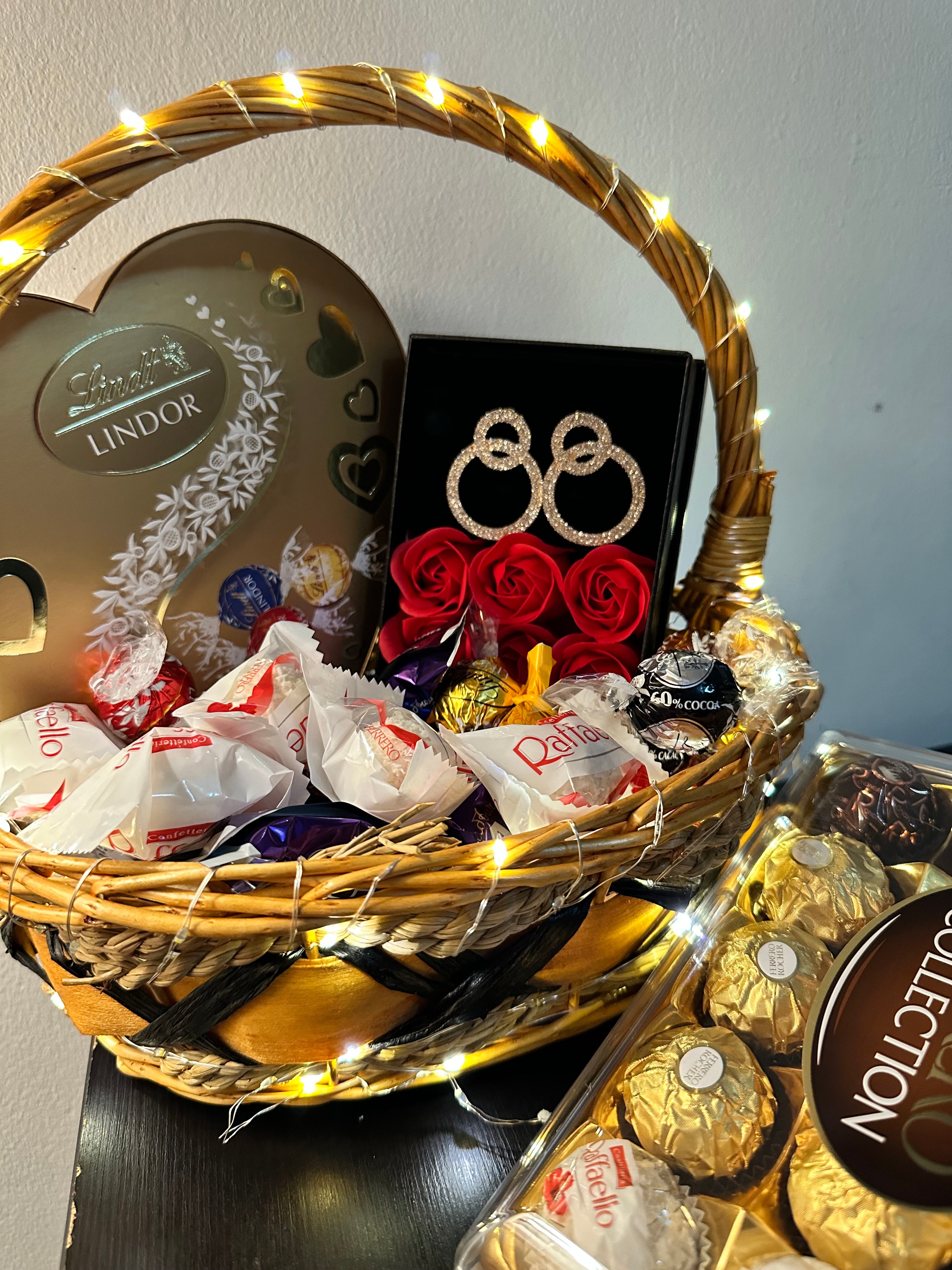Valentine's Bliss Bucket: A Symphony of Sweets, Chocolates, Dazzling Earrings, and LED Elegance - A Perfect Gift of Love