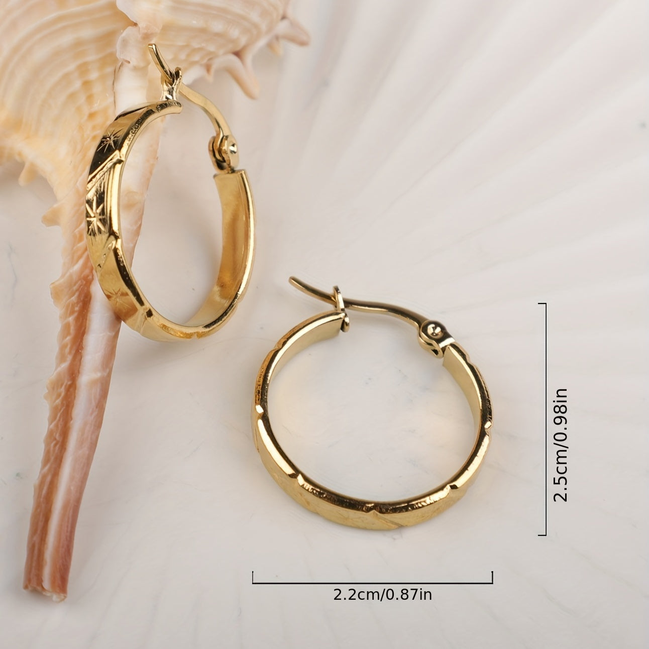 1 Pair Of Golden Stainless Steel Rice Pattern Circle Earrings For Women Girls Hypoallergenic Ear Jewelry