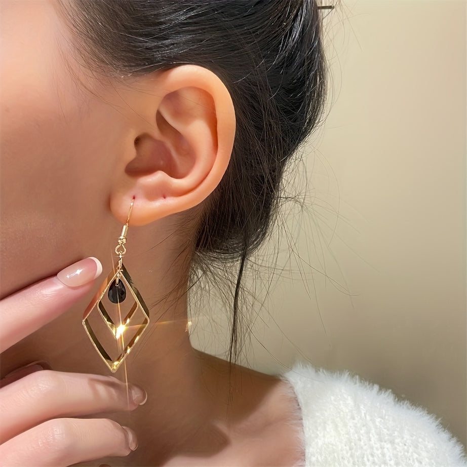 1 Pair, Retro Argyle Earrings, Black Rhinestone Pendant Hollow Square Earrings, Woman Girl Jewery, Holiday Gifts, Girlfriend Gifts, Jewelry Gift, Birthday Gifts, Mother's Day Gifts, Party Favors