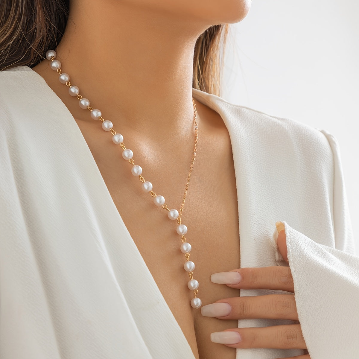 1 Elegant Fashion Pearl Hollow Chain Y-shaped Necklace Business Casual Versatile Temperament Clavicle Necklace