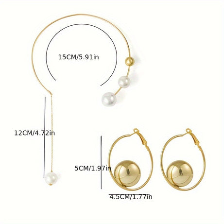 1 Pair Of Earrings + 1 Necklace Stylish Jewelry Set 14k Gold Plated Inlaid Artificial Pearl Golden Or Silvery Make Your Call Party Decor