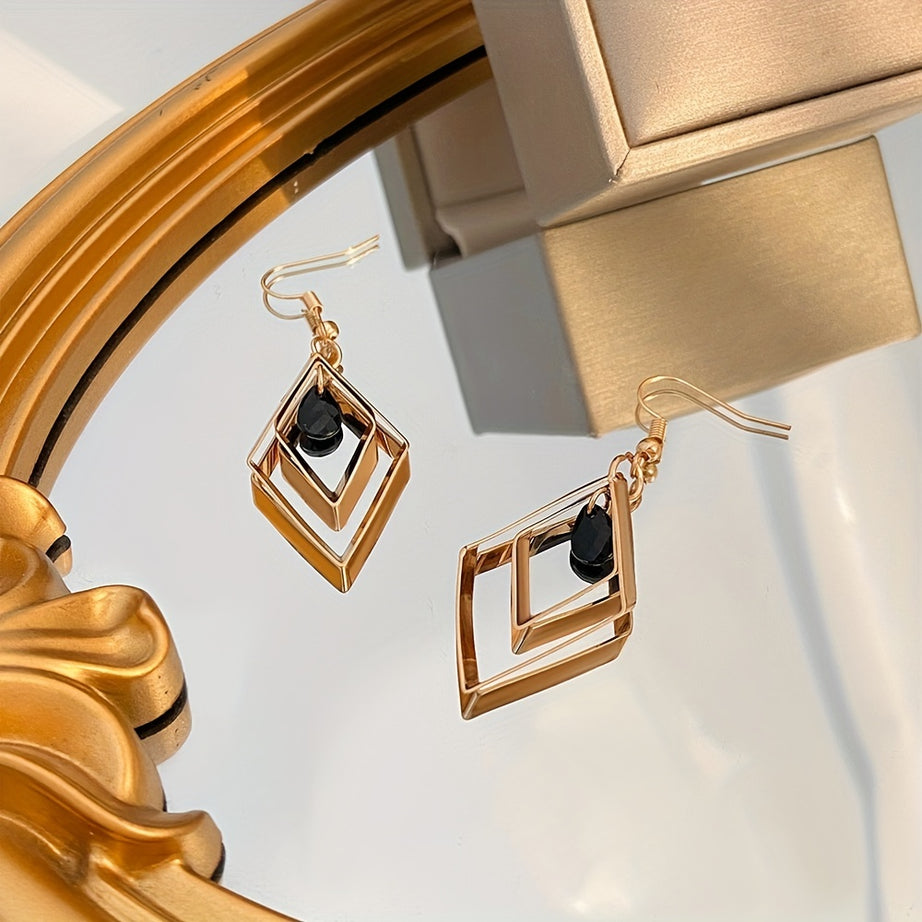 1 Pair, Retro Argyle Earrings, Black Rhinestone Pendant Hollow Square Earrings, Woman Girl Jewery, Holiday Gifts, Girlfriend Gifts, Jewelry Gift, Birthday Gifts, Mother's Day Gifts, Party Favors