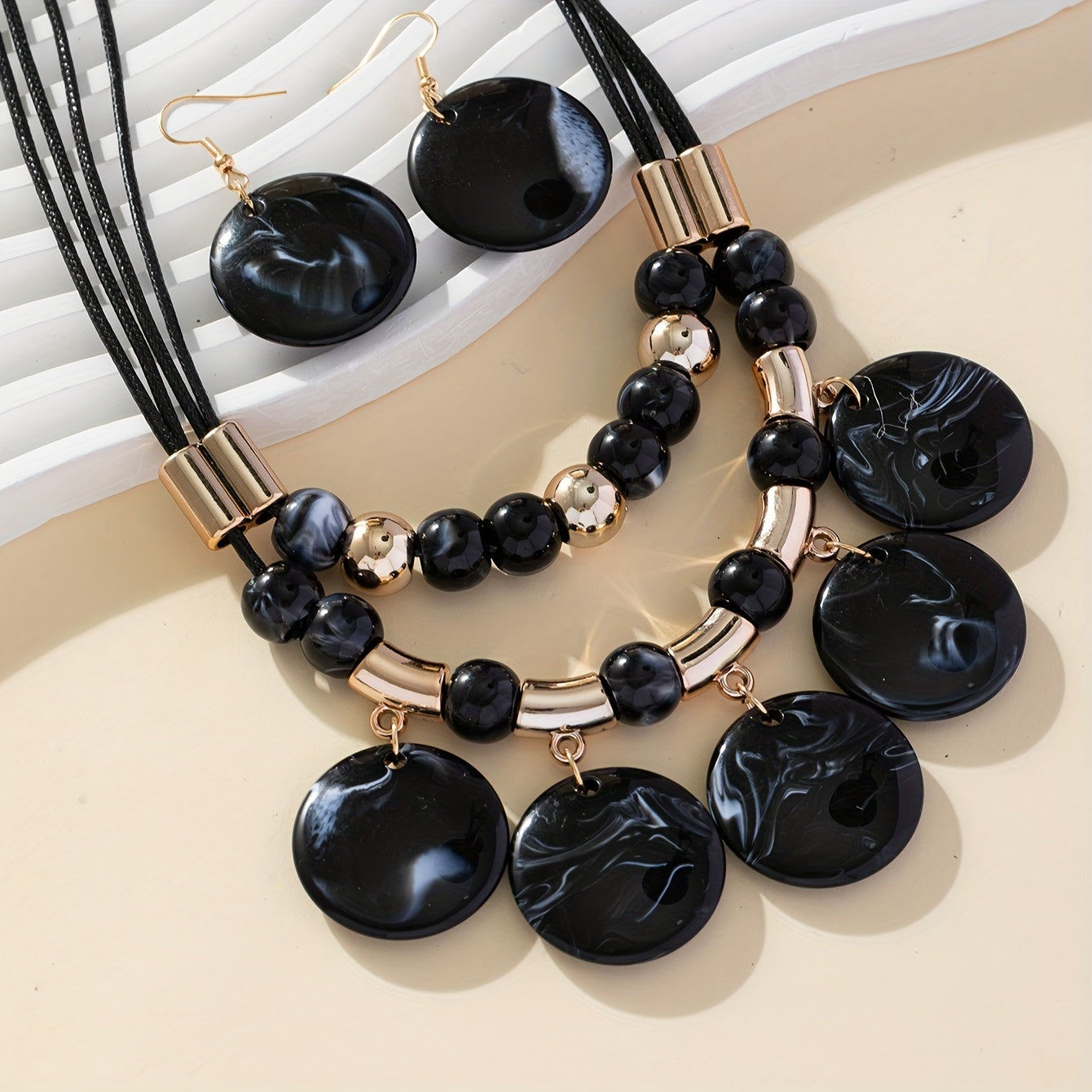 1 Pair Of Earrings + 1 Necklace Voguish Jewelry Set Black And Golden Design Symbol Of Elegance And Power Match Daily Outfits