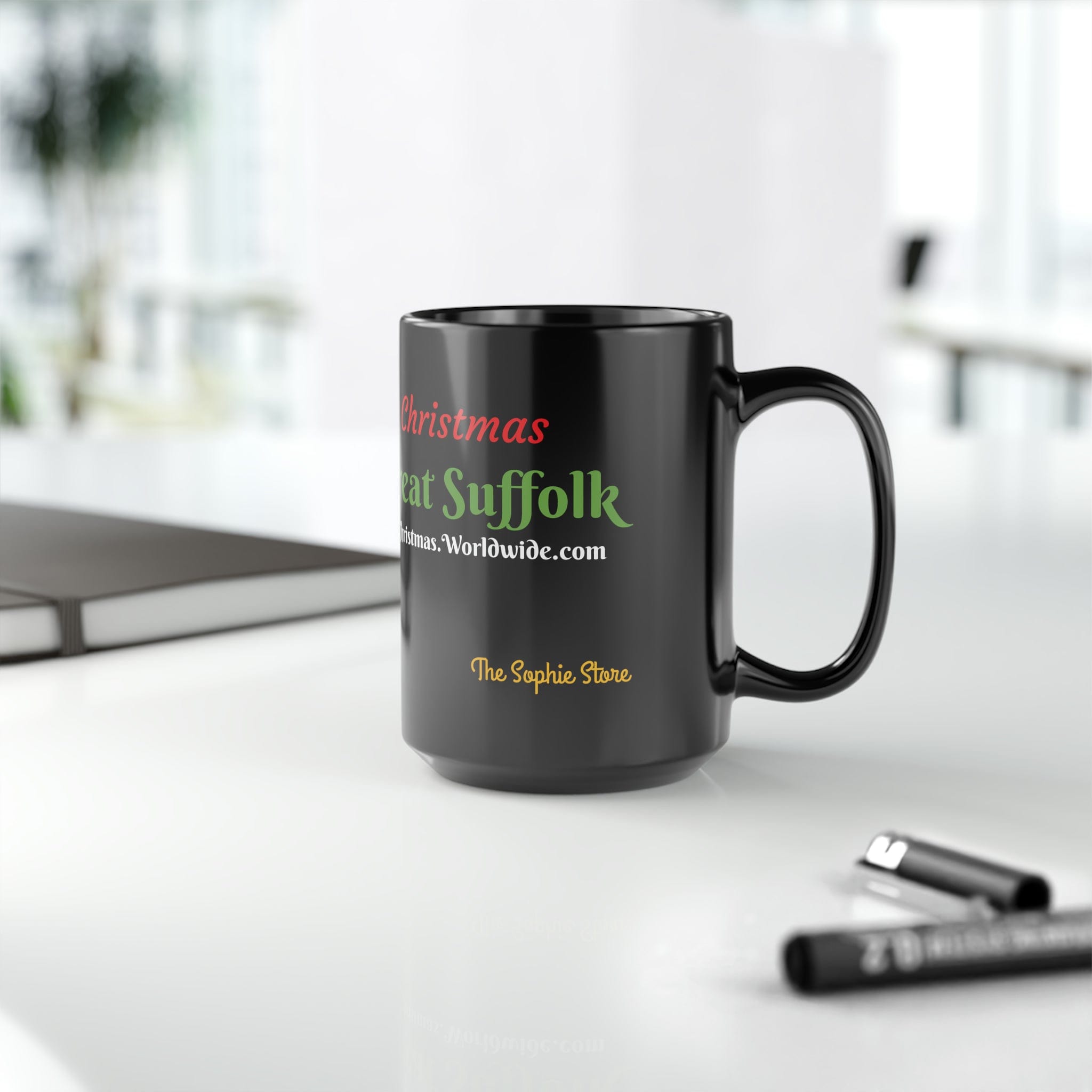 Printify Mug 15oz Suffolk's Sip of Joy: Black Mugs with Christmas Wishes