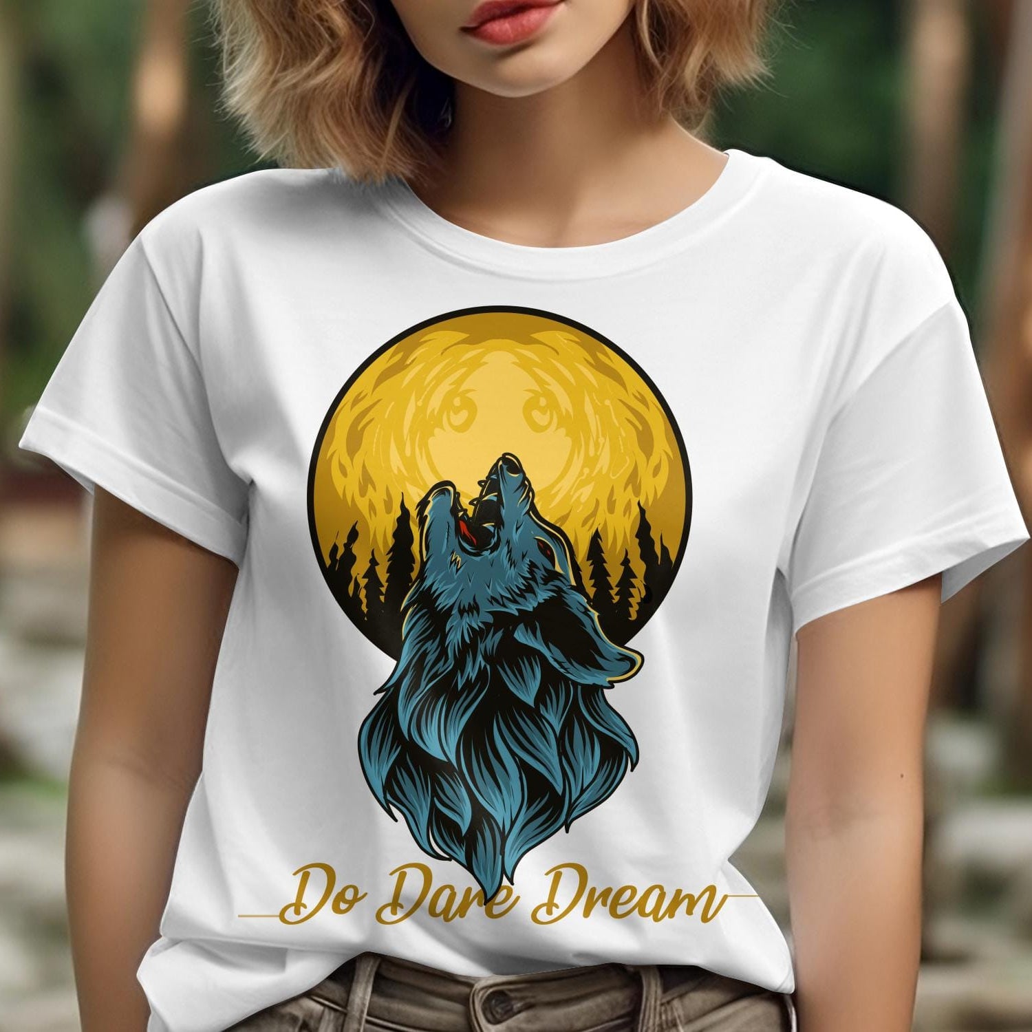 Printify T-Shirt Threaded Aspirations: Sophie's 'Do Dare Dream' Wolf Designed T-Shirt - Bold Fashion That Speaks of Fearless Dreams.
