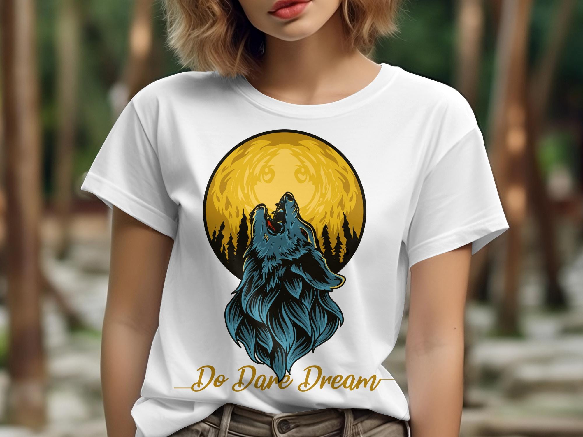 Printify T-Shirt Threaded Aspirations: Sophie's 'Do Dare Dream' Wolf Designed T-Shirt - Bold Fashion That Speaks of Fearless Dreams.