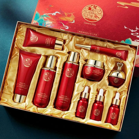 Sophie Store 10pcs Face Skin Care Set Dragon Blood Anti-aging Facial Cleanser Face Serum Toner Essence Milk Cream Repair Beauty Skincare Kit