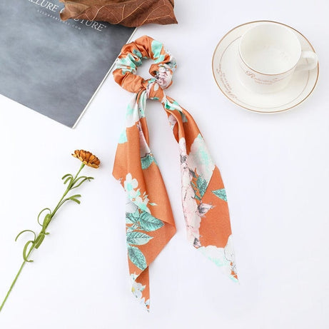 Sophie Store 2023 Fashion Print Chiffon Long Ribbon Scrunchies Women Girls Ponytail Scarf Elastic Hair Bands Ties Hair Accessories Wholesale