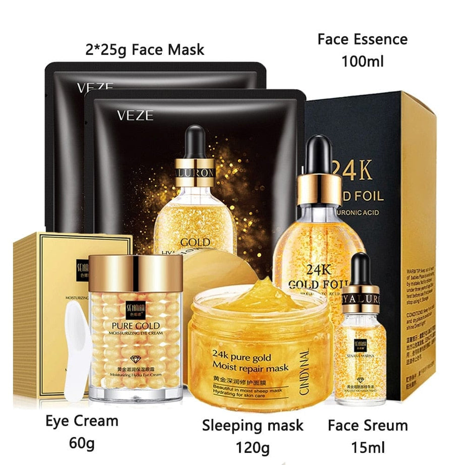 Sophie Store 24k Gold Facial Skin Care Set Moisturizing Repair Sleep Mask Acne Facial products kit Mask Anti Wrinkle Essence Korean Cosmetics