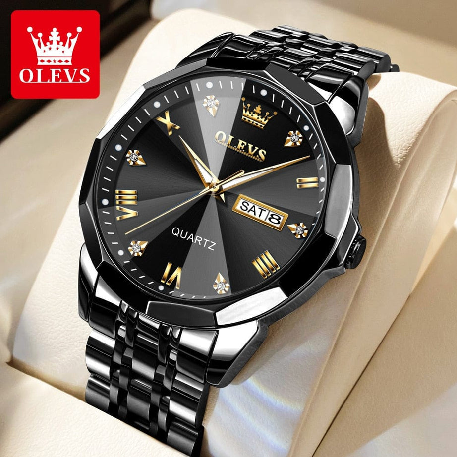 Sophie Store all black / China / No OLEVS Men‘s Watches Gold Original Quartz Wristwatch Waterproof Luminous Watch for Male Rhombus Mirror Date Week Luxury Dress