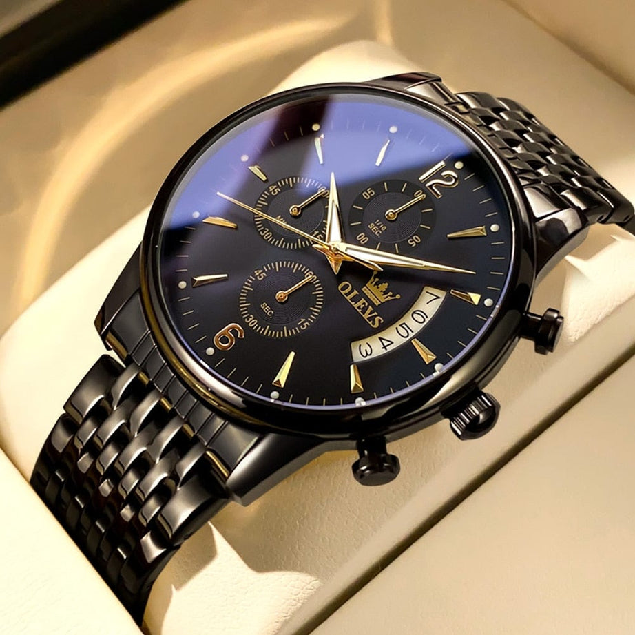 Sophie Store all black / China OLEVS Men's Watch Waterproof Luminous Wrist Watch Quartz Stainless Steel Watch for Men Pilot Top Brand Male Watches
