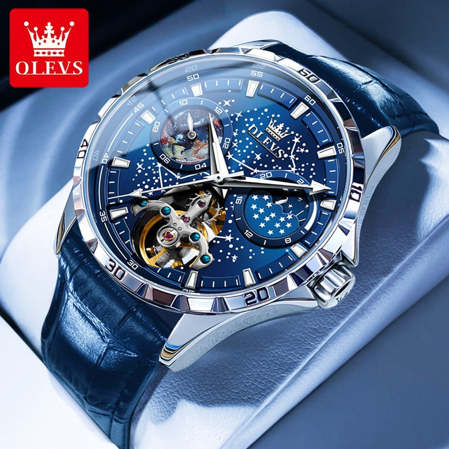 Sophie Store all blue / China OLEVS Original Brand Men's Watches Waterproof Multifunctional Luminous Fully Automatic Mechanical Watch Moon Phase Starry Disk