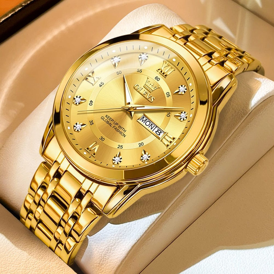 Sophie Store all gold / United States / No OLEVS Men's Watches Fashion Gold Original Quartz Watch for Man Stainless Steel Waterproof Luminous Wrist Watch Date Week Roman