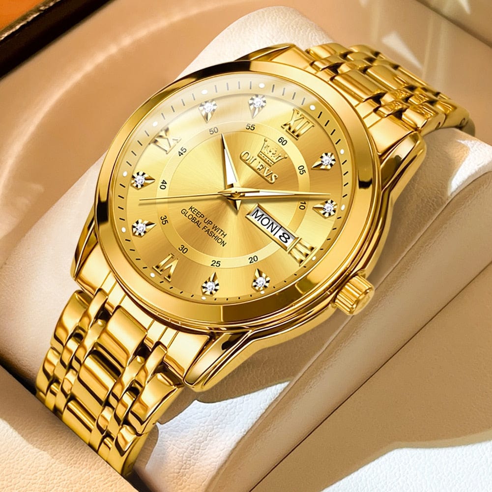 Sophie Store all gold / United States / No OLEVS Men's Watches Fashion Gold Original Quartz Watch for Man Stainless Steel Waterproof Luminous Wrist Watch Date Week Roman