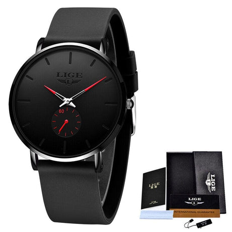 Sophie Store Black red LIGE New Fashion Ultra-Thin Watches For Men With Box