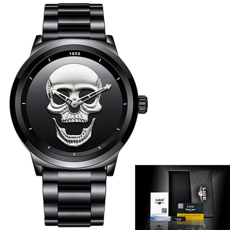 Sophie Store Black silver steel / CN LIGE Gold Watches Luxury Watches Men Sports Stainless Steel Watch Men Skull Watches Golden Wristwatches Male Relogio Masculino