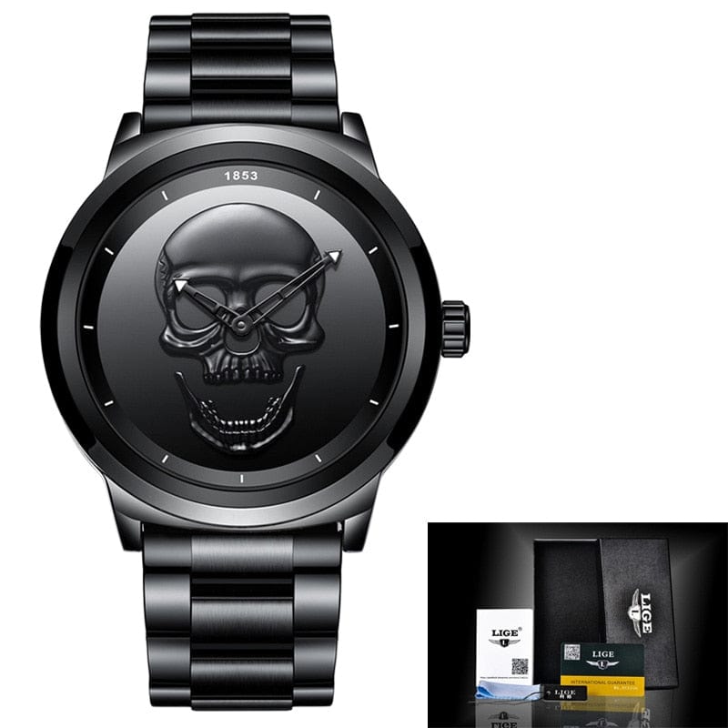 Sophie Store Black steel / CN LIGE Gold Watches Luxury Watches Men Sports Stainless Steel Watch Men Skull Watches Golden Wristwatches Male Relogio Masculino
