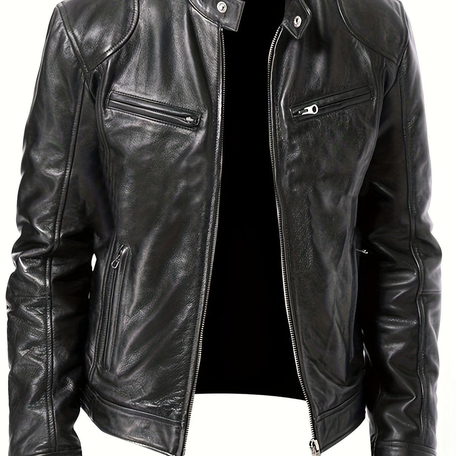 Sophie Store Chic Faux Leather Elegance: Men's Solid Color Stand Collar PU Jacket, Perfect for Spring and Fall