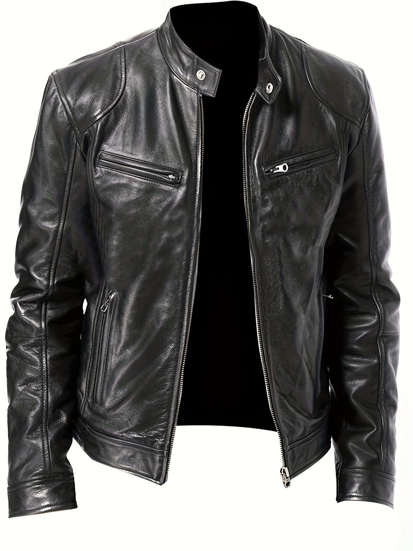 Sophie Store Chic Faux Leather Elegance: Men's Solid Color Stand Collar PU Jacket, Perfect for Spring and Fall