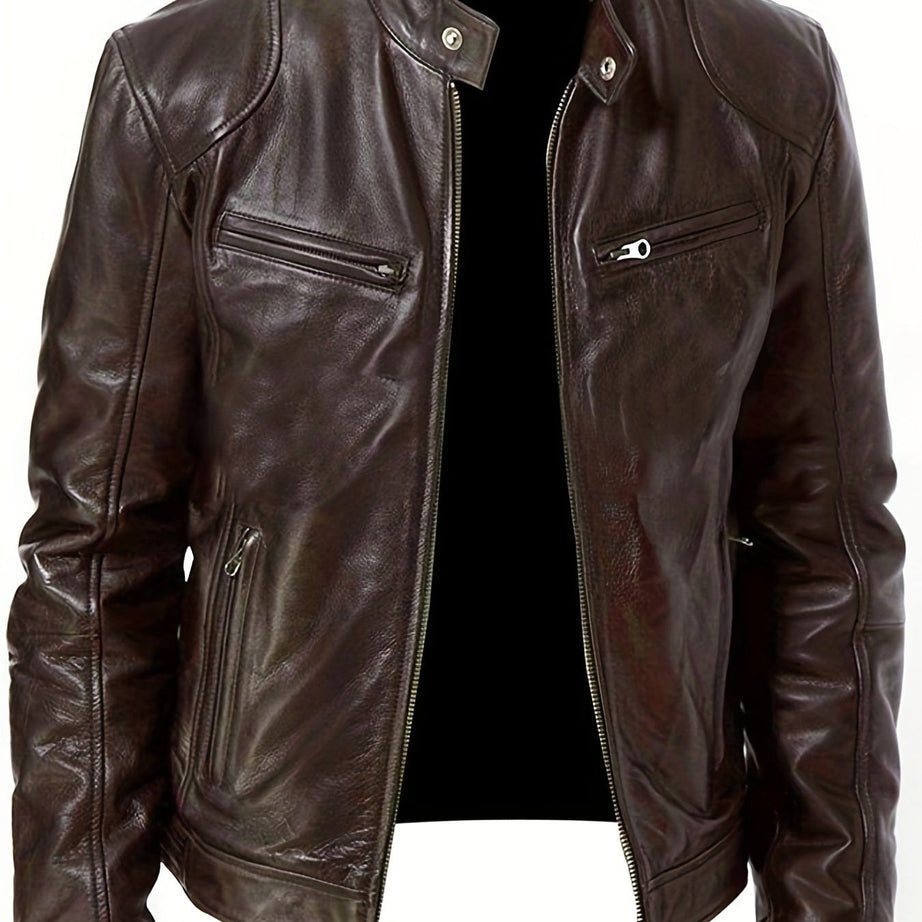 Sophie Store Chic Faux Leather Elegance: Men's Solid Color Stand Collar PU Jacket, Perfect for Spring and Fall