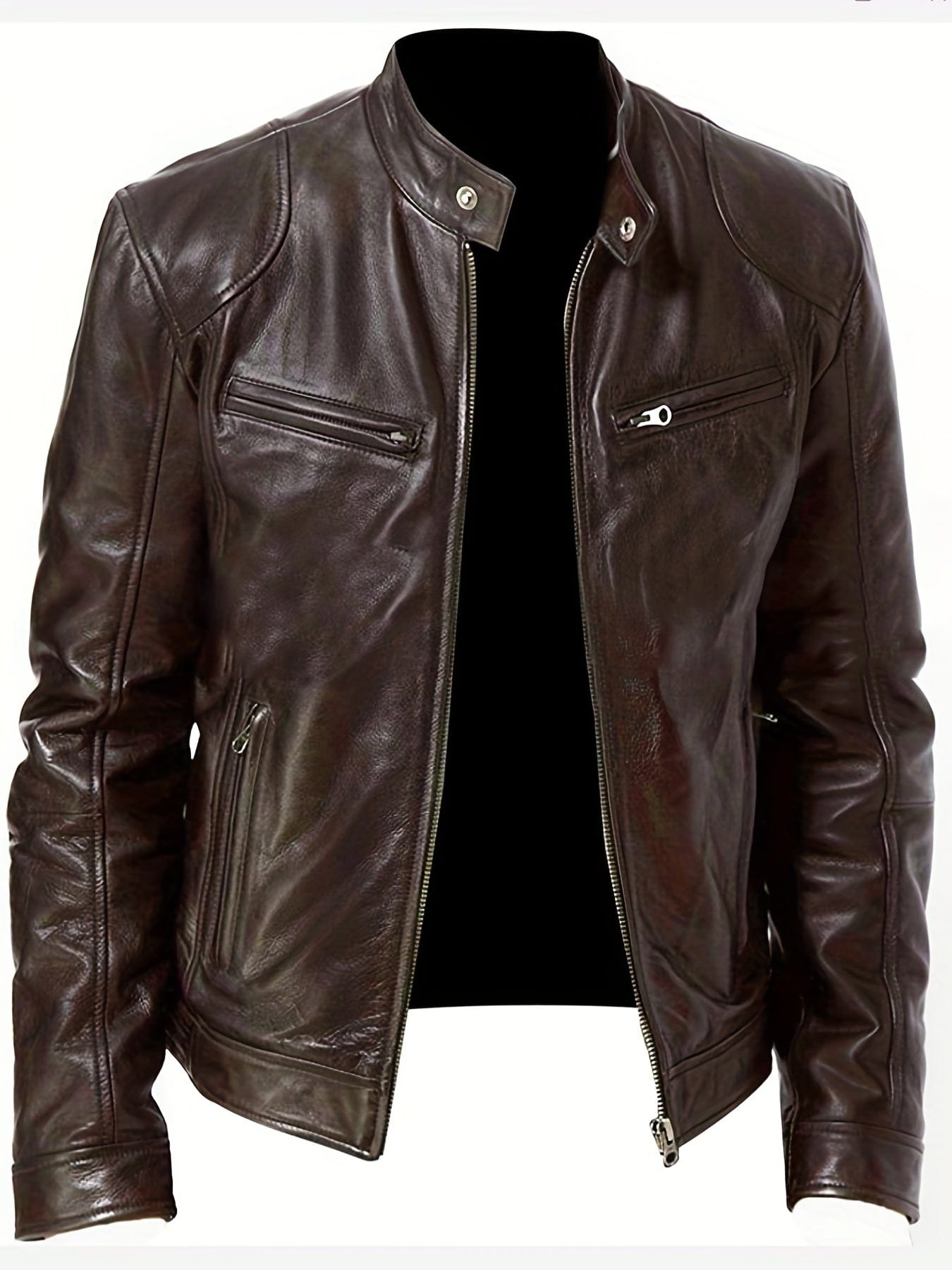 Sophie Store Chic Faux Leather Elegance: Men's Solid Color Stand Collar PU Jacket, Perfect for Spring and Fall