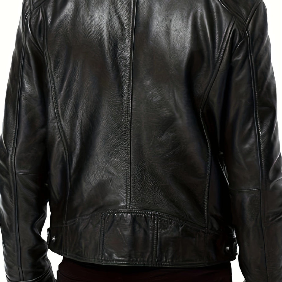 Sophie Store Chic Faux Leather Elegance: Men's Solid Color Stand Collar PU Jacket, Perfect for Spring and Fall