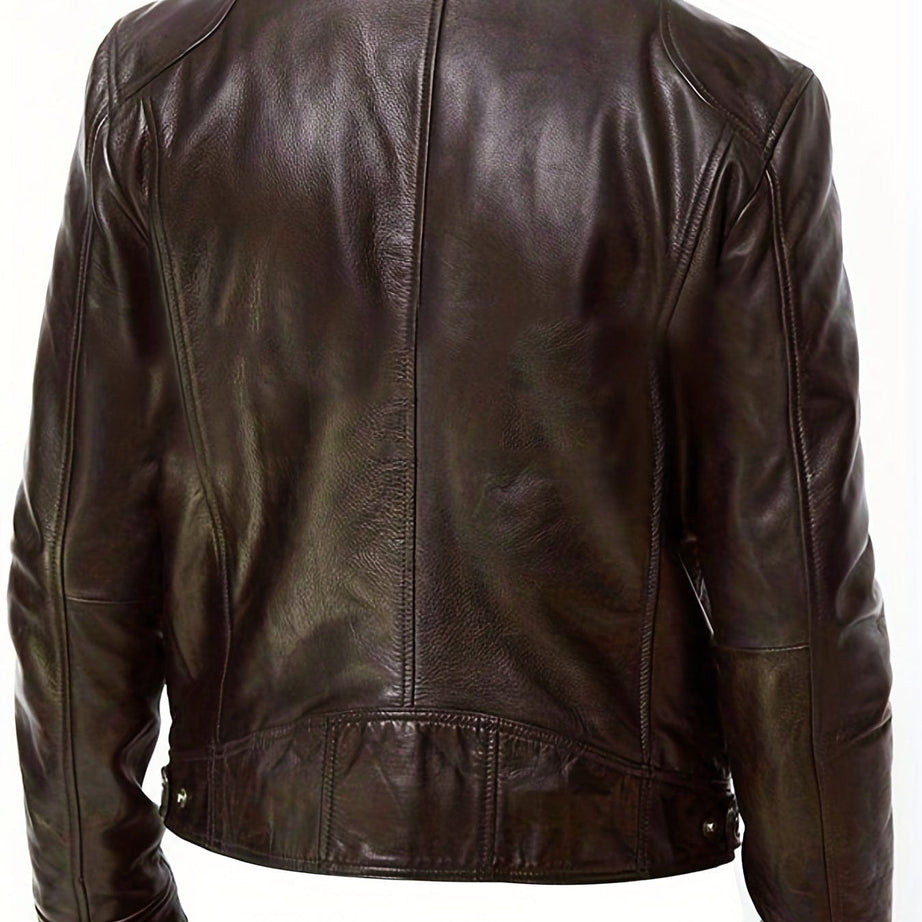 Sophie Store Chic Faux Leather Elegance: Men's Solid Color Stand Collar PU Jacket, Perfect for Spring and Fall