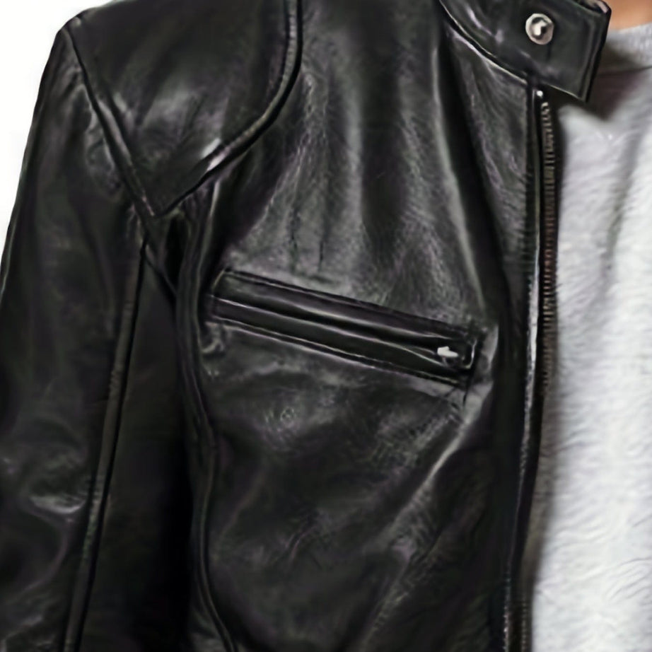 Sophie Store Chic Faux Leather Elegance: Men's Solid Color Stand Collar PU Jacket, Perfect for Spring and Fall