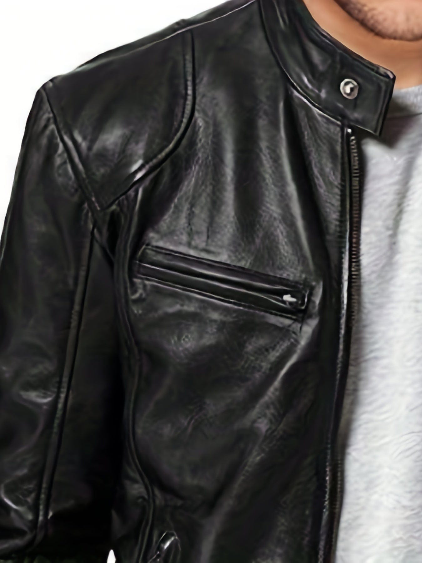 Sophie Store Chic Faux Leather Elegance: Men's Solid Color Stand Collar PU Jacket, Perfect for Spring and Fall