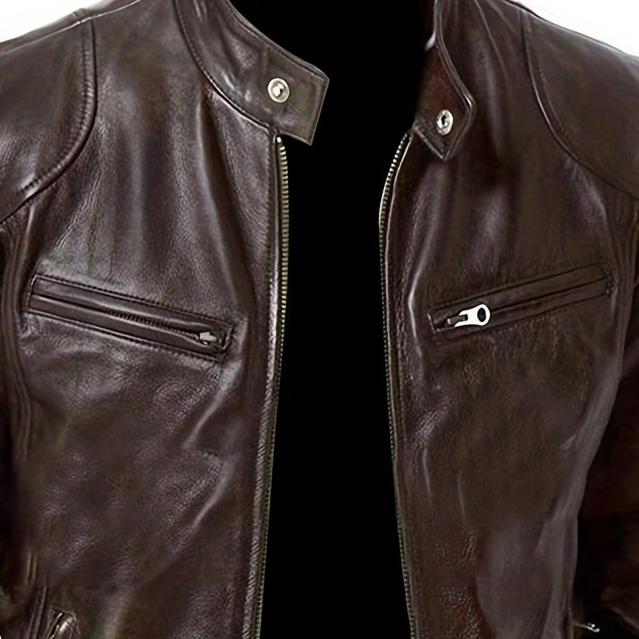 Sophie Store Chic Faux Leather Elegance: Men's Solid Color Stand Collar PU Jacket, Perfect for Spring and Fall