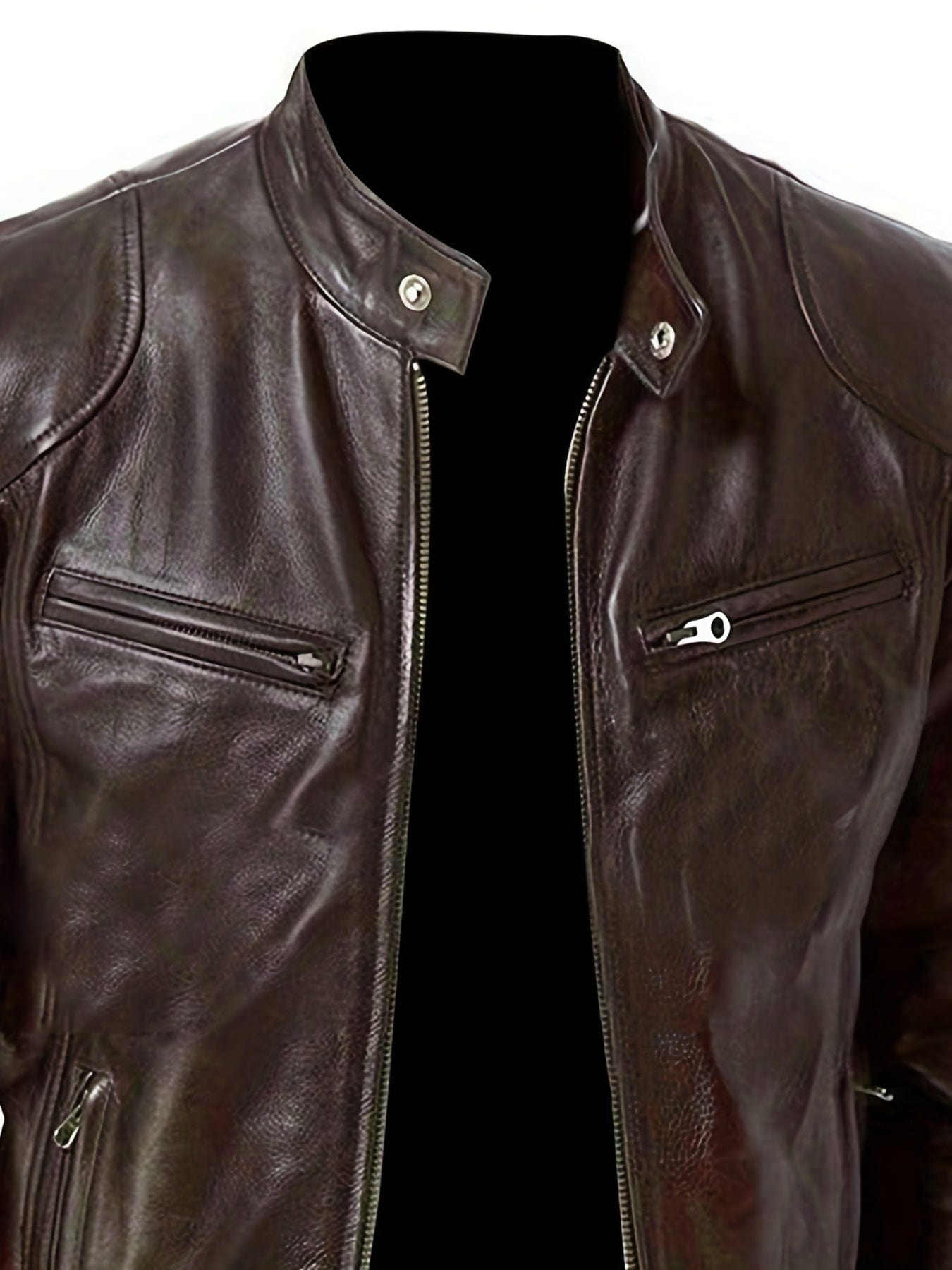 Sophie Store Chic Faux Leather Elegance: Men's Solid Color Stand Collar PU Jacket, Perfect for Spring and Fall