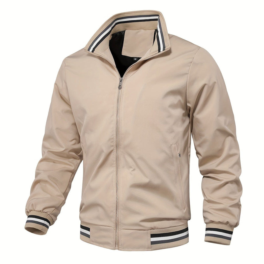 Sophie Store Classic and Sporty: Men's Stand Collar Stripe Edge Bomber Jacket for Spring and Fall Outdoor Adventures